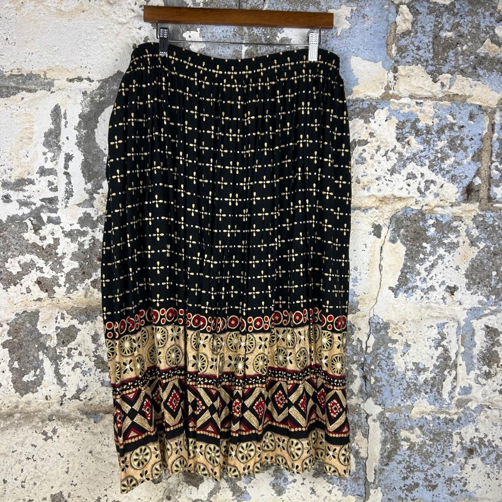 Vintage Box Office Midi Skirt Black Gold Geometric Rayon USA Made Womens 22W